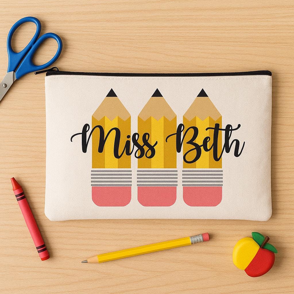 Personalized Teacher Pencil Pouch, Custom Zippered Canvas Case