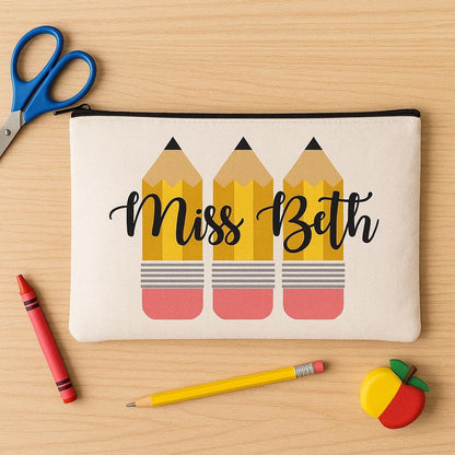 Personalized Teacher Pencil Pouch, Custom Zippered Canvas Case