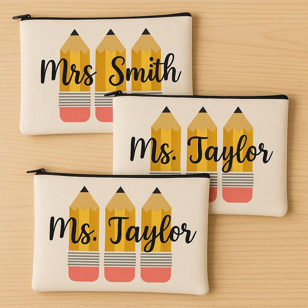 Personalized Teacher Pencil Pouch, Custom Zippered Canvas Case
