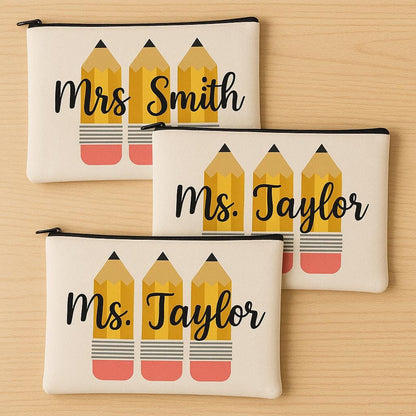 Personalized Teacher Pencil Pouch, Custom Zippered Canvas Case