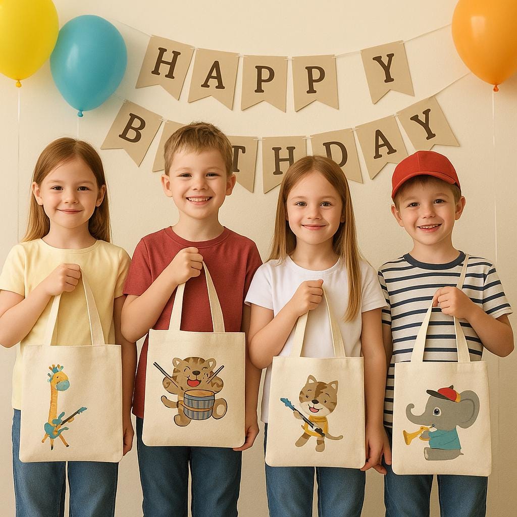 Music Party Favor Bags for Kids – Animal Band Gift Bags, Reusable Canvas Goody Bags, Birthday Party Favors, Music Theme Goodie Totes