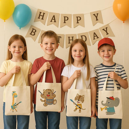 Music Party Favor Bags for Kids – Animal Band Gift Bags, Reusable Canvas Goody Bags, Birthday Party Favors, Music Theme Goodie Totes