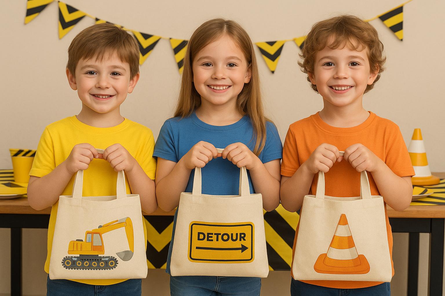 Construction Party Favor Bags – Truck Theme Canvas Goody Bags, Set of Six