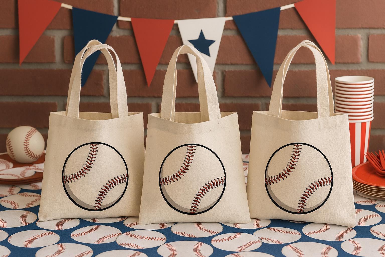 Baseball Party Favor Bags – Team Canvas Goodie Tote, Set of Three