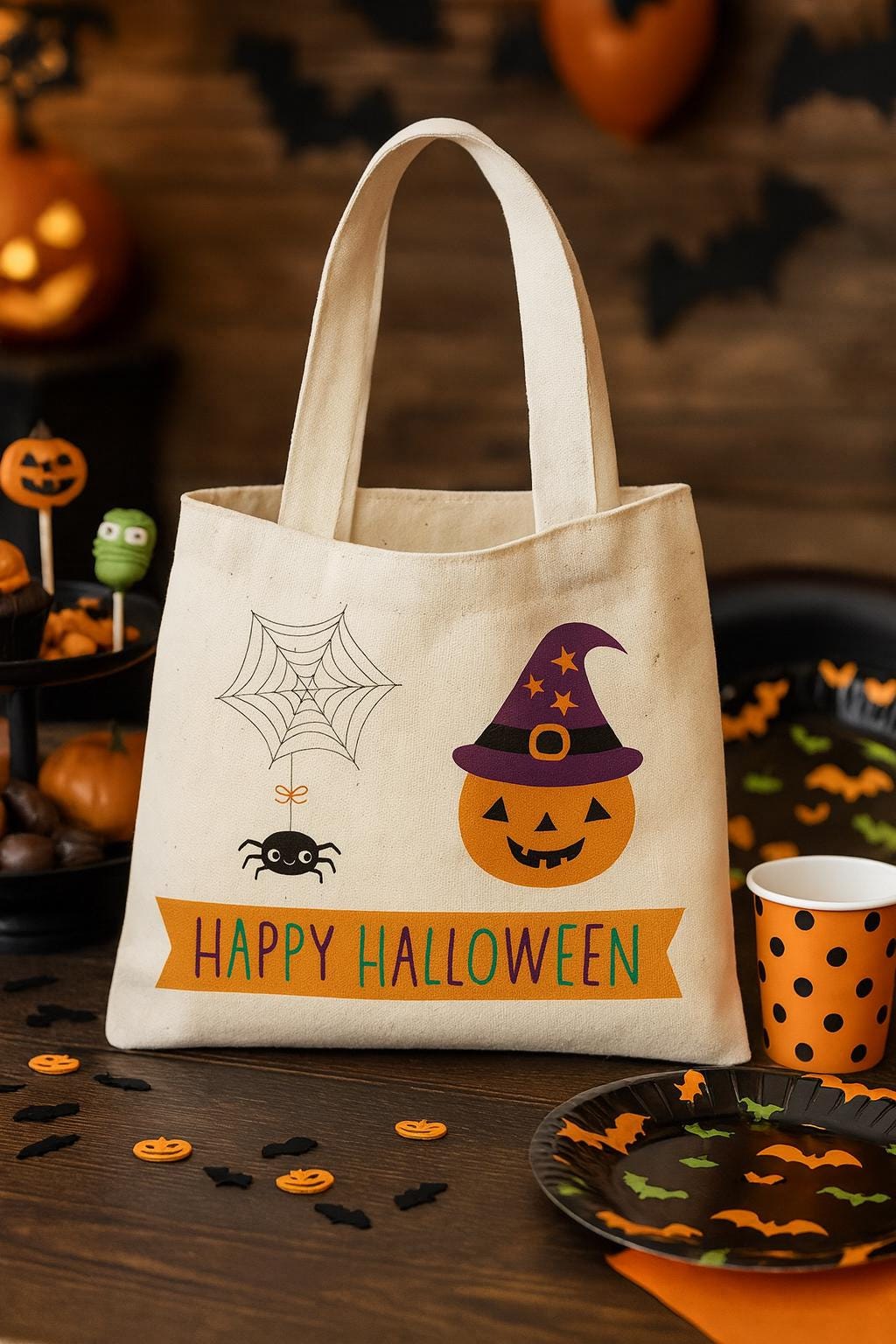 Pumpkin & Spider Canvas Trick or Treat Bag – Reusable Halloween Tote