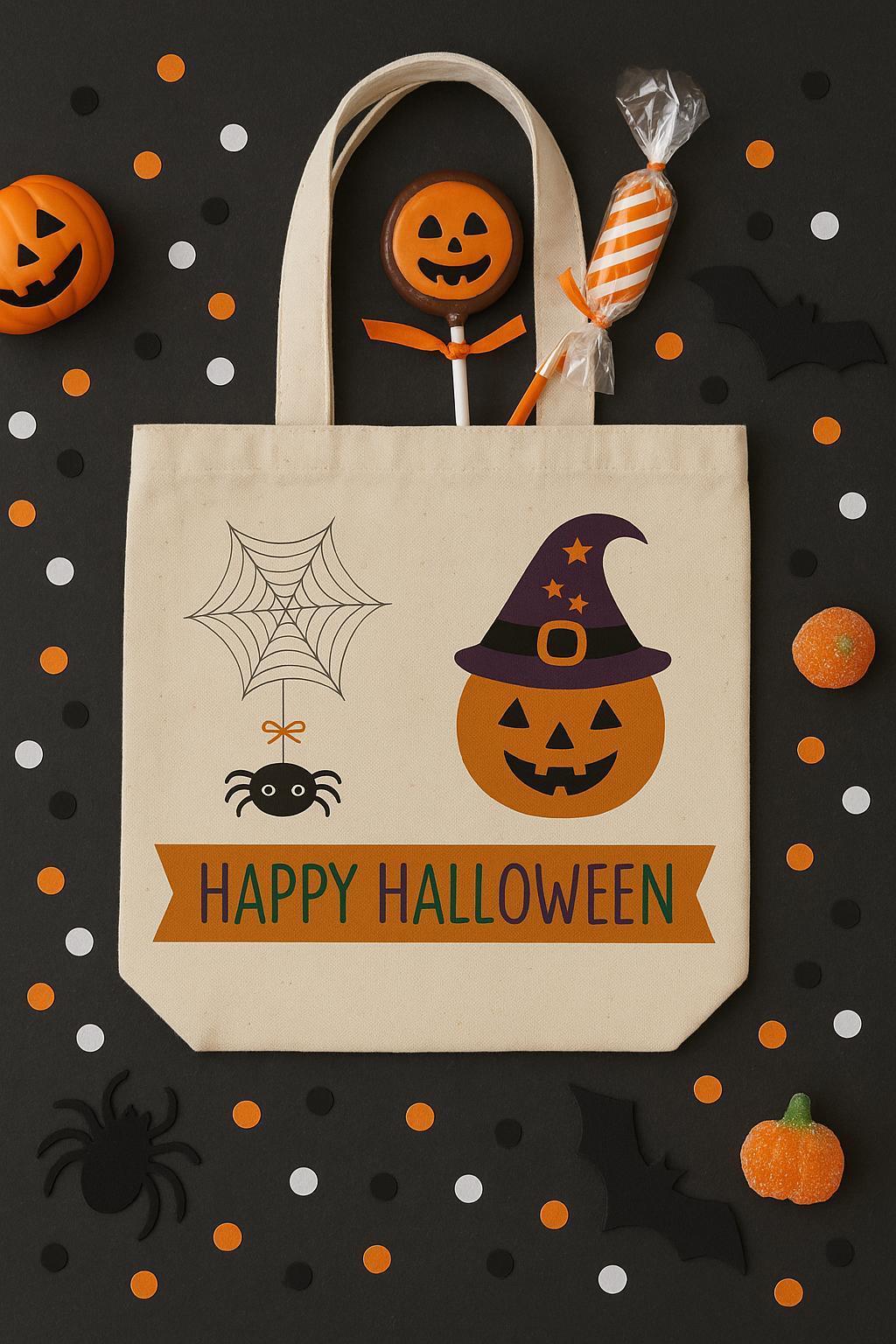 Pumpkin & Spider Canvas Trick or Treat Bag – Reusable Halloween Tote