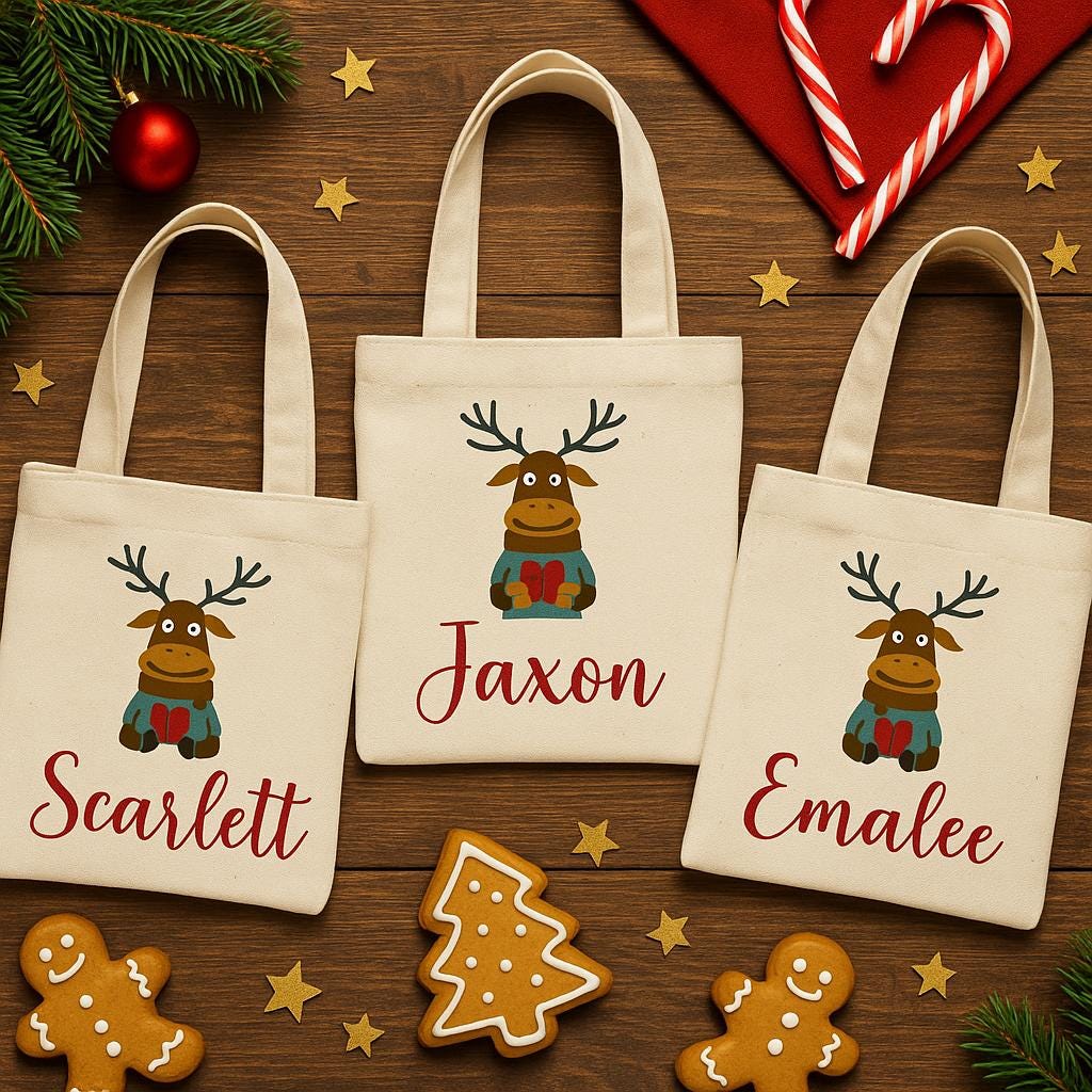 Personalized Christmas Reindeer Gift Bags – Custom Name Holiday Favor Tote, Kids Christmas Party Bags, Reusable Santa Treat Bag - Set of 3