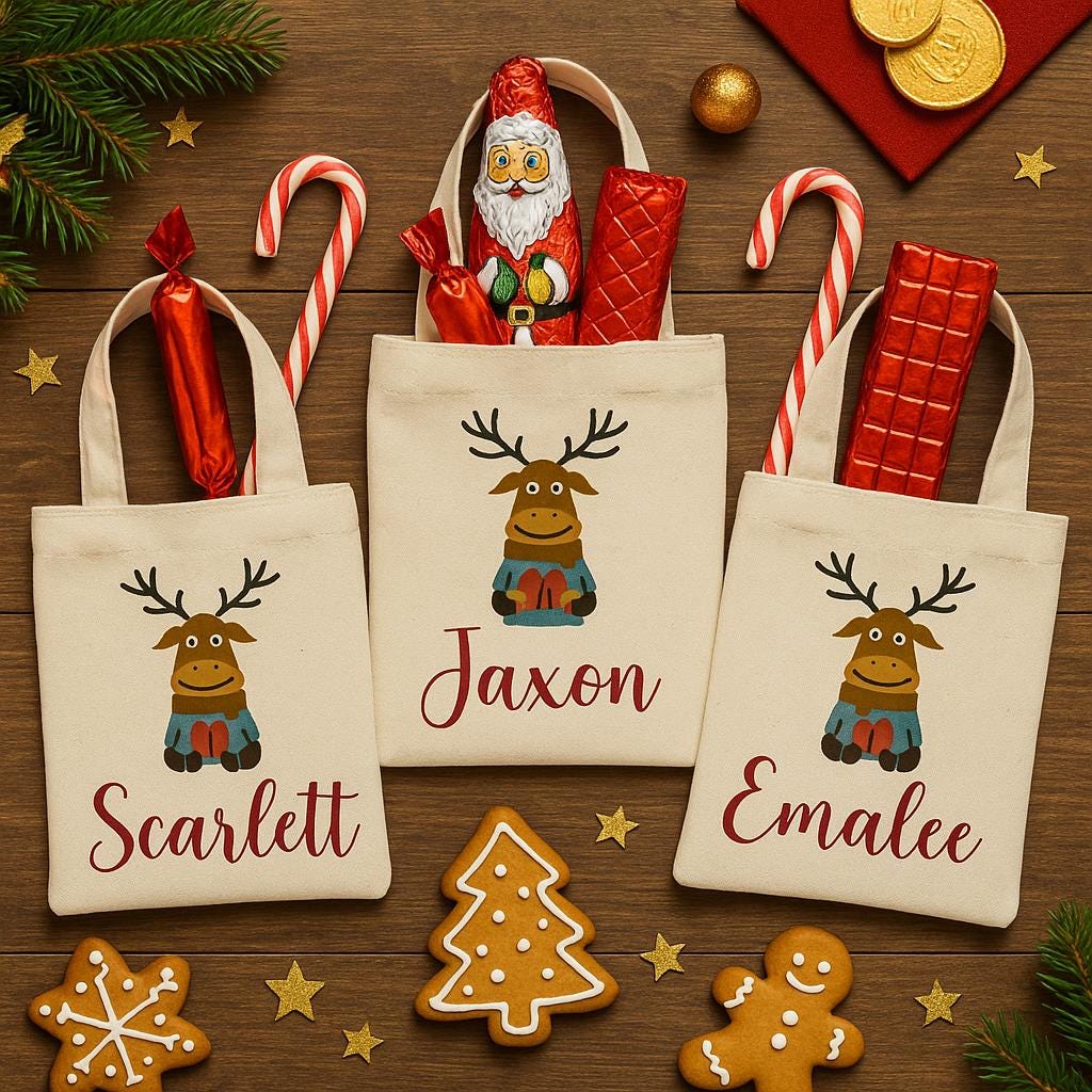 Personalized Christmas Reindeer Gift Bags – Custom Name Holiday Favor Tote, Kids Christmas Party Bags, Reusable Santa Treat Bag - Set of 3