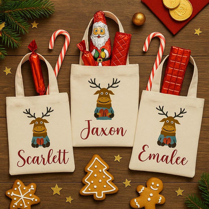 Personalized Christmas Reindeer Gift Bags – Custom Name Holiday Favor Tote, Kids Christmas Party Bags, Reusable Santa Treat Bag - Set of 3