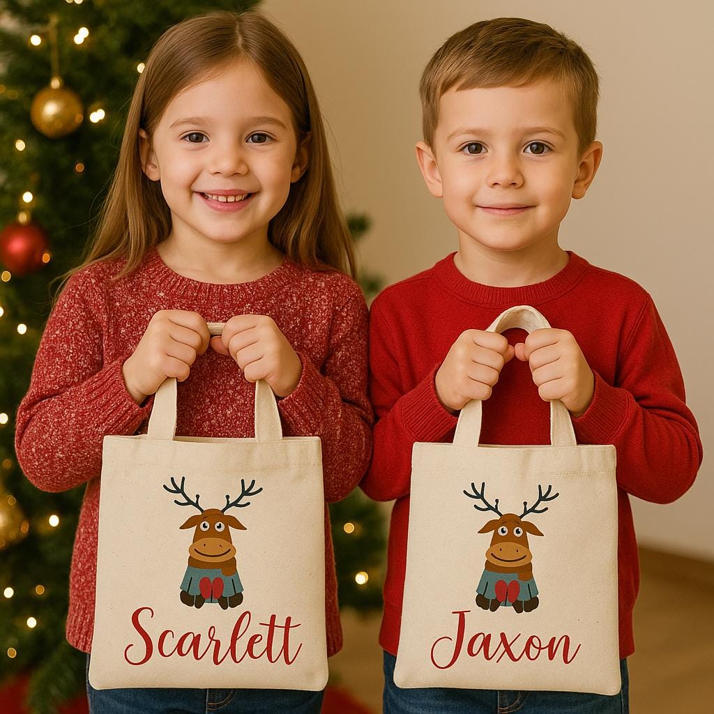 Personalized Christmas Reindeer Gift Bags – Custom Name Holiday Favor Tote, Kids Christmas Party Bags, Reusable Santa Treat Bag - Set of 3