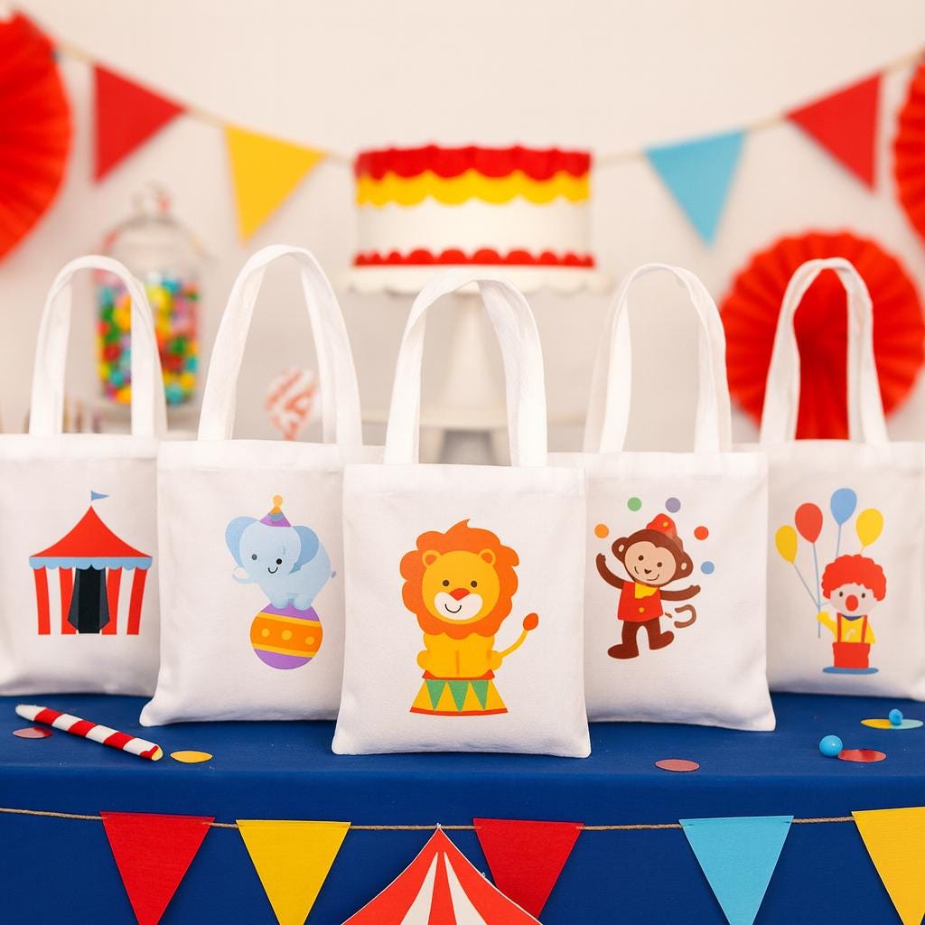 Circus Party Favor Bags – Personalized Carnival Cotton Treat Bags, Set of 6