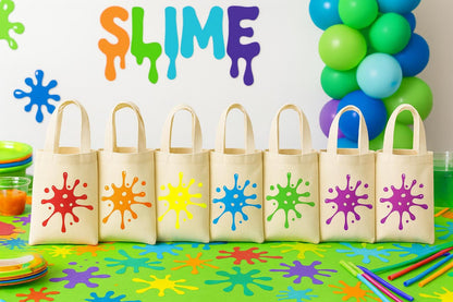 Slime Party Favor Bags – Rainbow Splatter Canvas Goodie Bags, Set of 6