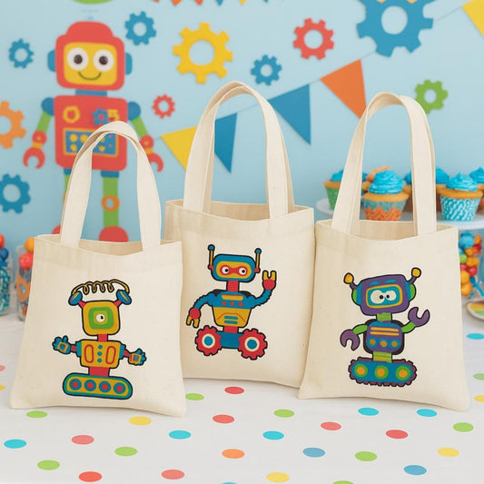 Robot Party Favor Bags – Retro Canvas Goodie Totes, Set of 3