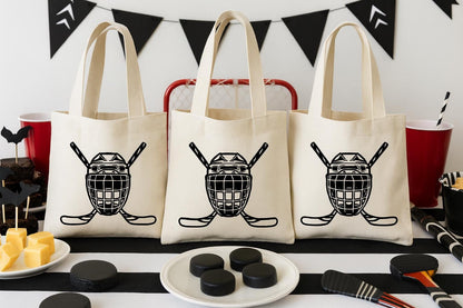 Hockey Party Favor Bags - Goalie Mask Canvas Goodie Bag, Set of 3