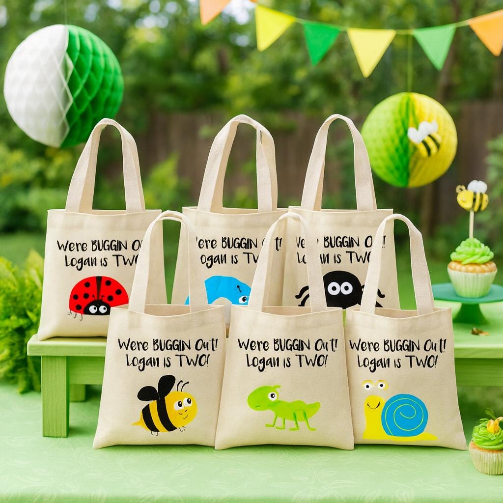 Personalized Insect Party Favor Bags, Bug Birthday Canvas Tote