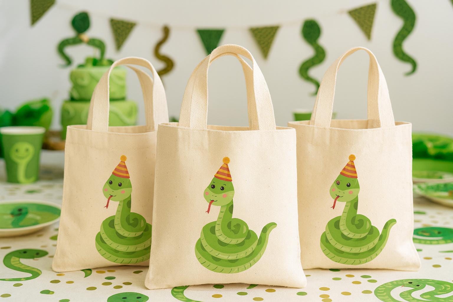 Snake Party Favor Bags - Reusable Canvas Goodie Bags - Set of Three