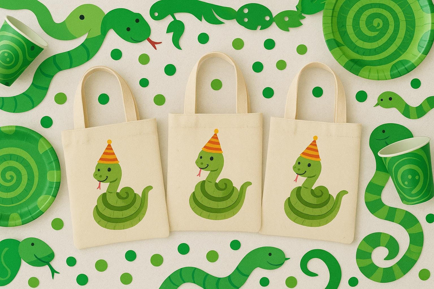 Snake Party Favor Bags - Reusable Canvas Goodie Bags - Set of Three