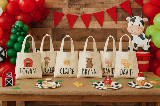 Personalized Farm Party Favor Bags – Barnyard Canvas Gift Totes