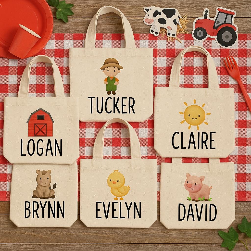 Personalized Farm Party Favor Bags – Barnyard Canvas Gift Totes