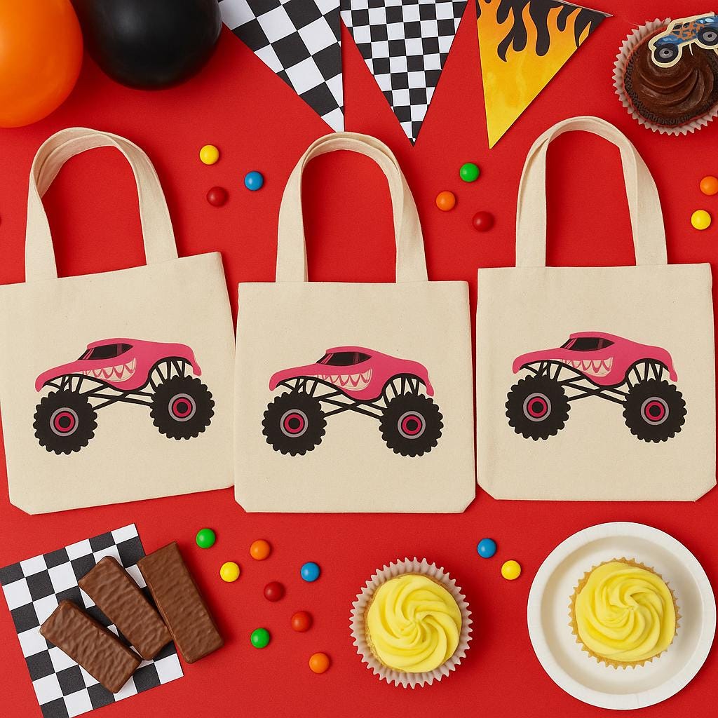 Monster Truck Party Favor Bags: Set of 3 Cotton Treat Bags