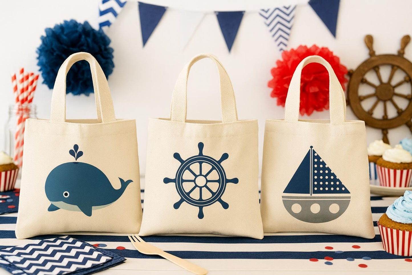 Nautical Party Favor Bags – Whale, Sailboat, Ship Wheel – Set of Three