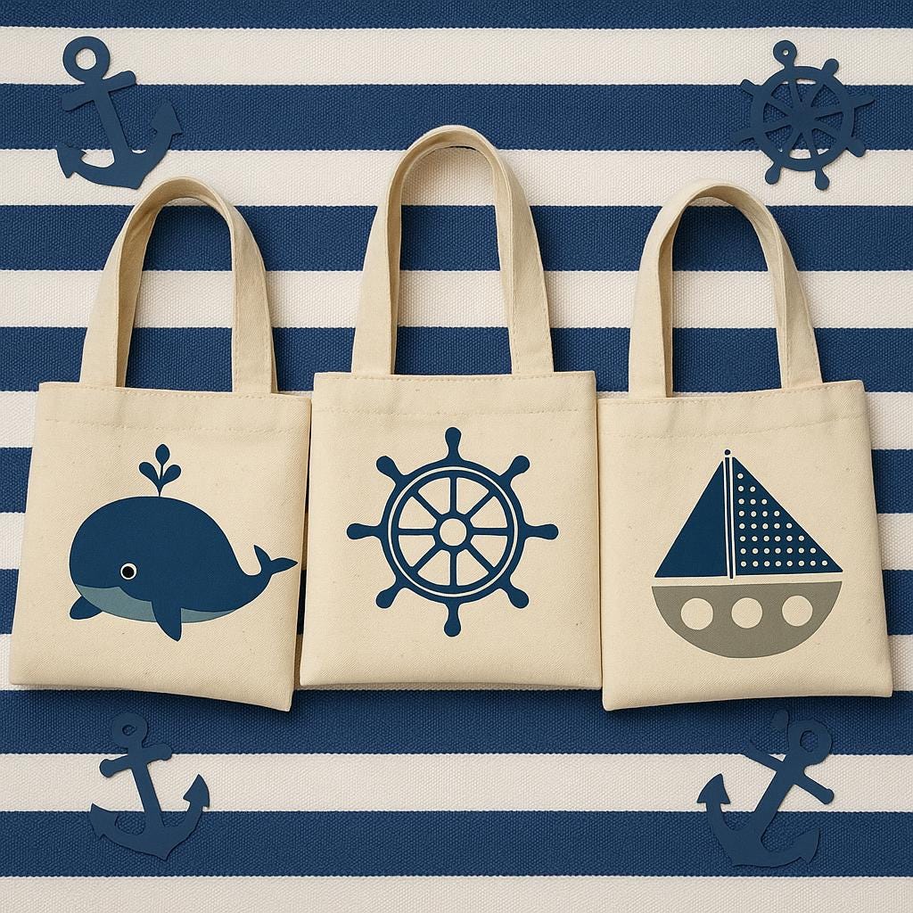 Nautical Party Favor Bags – Whale, Sailboat, Ship Wheel – Set of Three