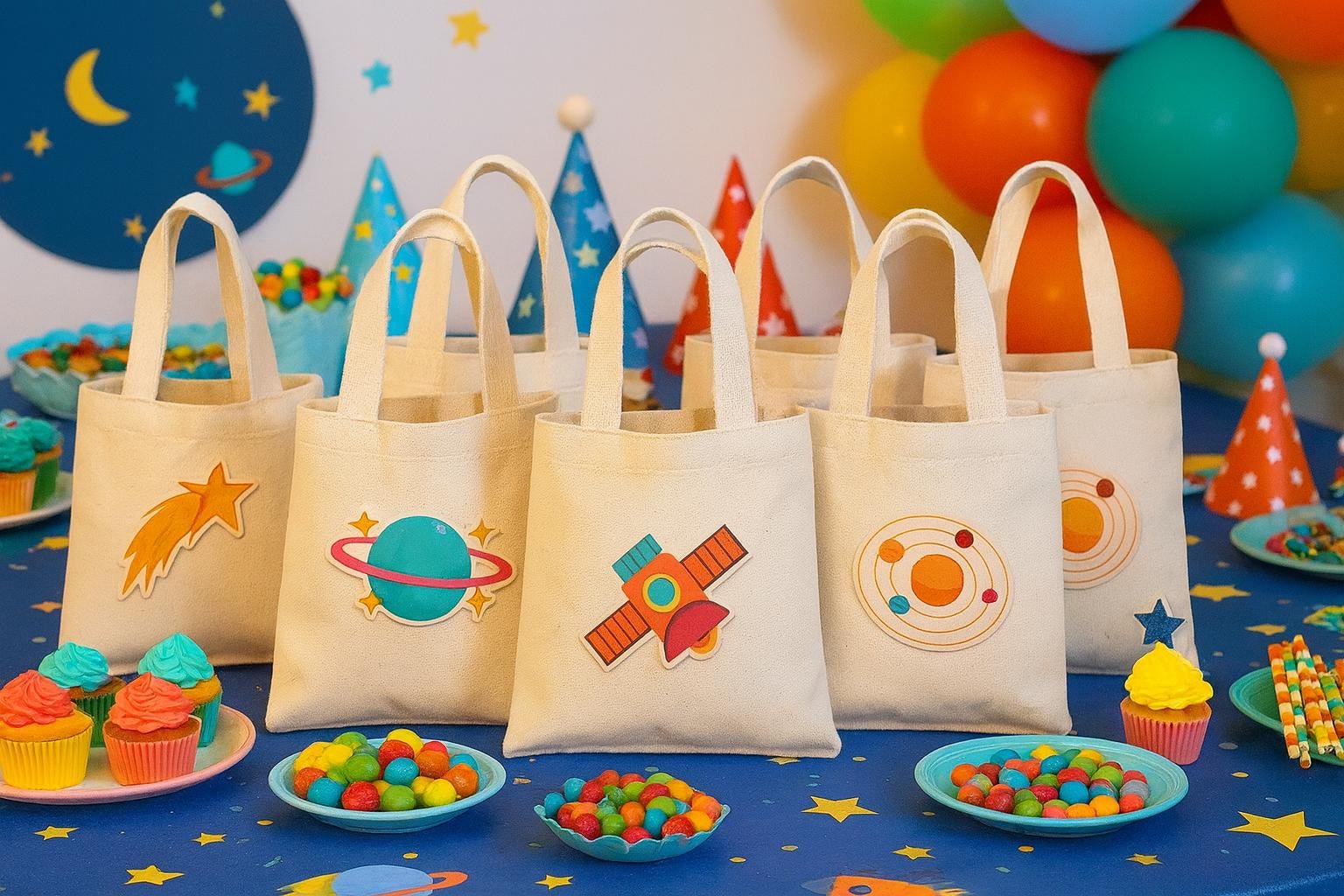 Space Party Favor Bags – Canvas Tote, Set of 6