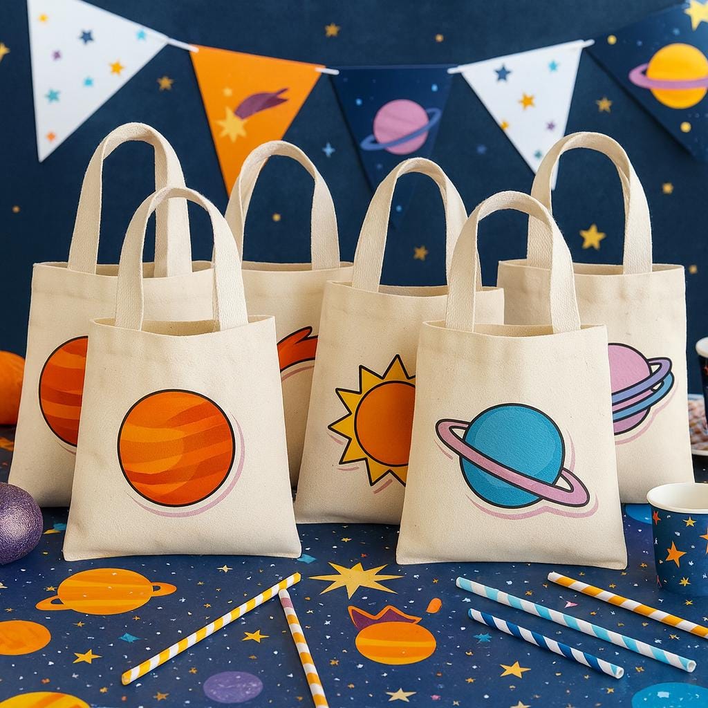 6 Space Treat Bags, Solar System Cotton Party Favor Bags