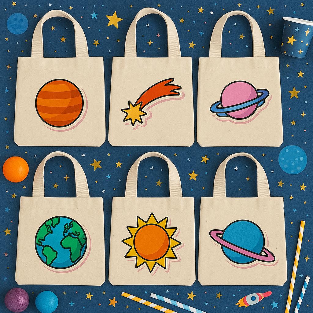 6 Space Treat Bags, Solar System Cotton Party Favor Bags