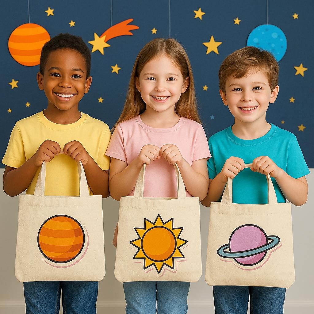 6 Space Treat Bags, Solar System Cotton Party Favor Bags