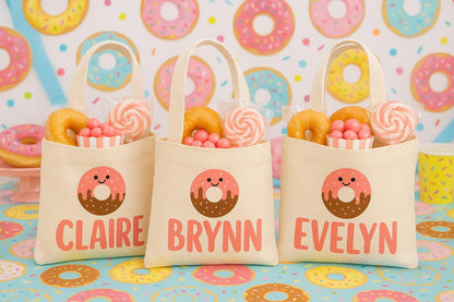 Custom Donut Party Favor Bags - Perfect for Donut Themed Parties and Events! Set of Three Personalized Donut Treat Bags with Guest Names
