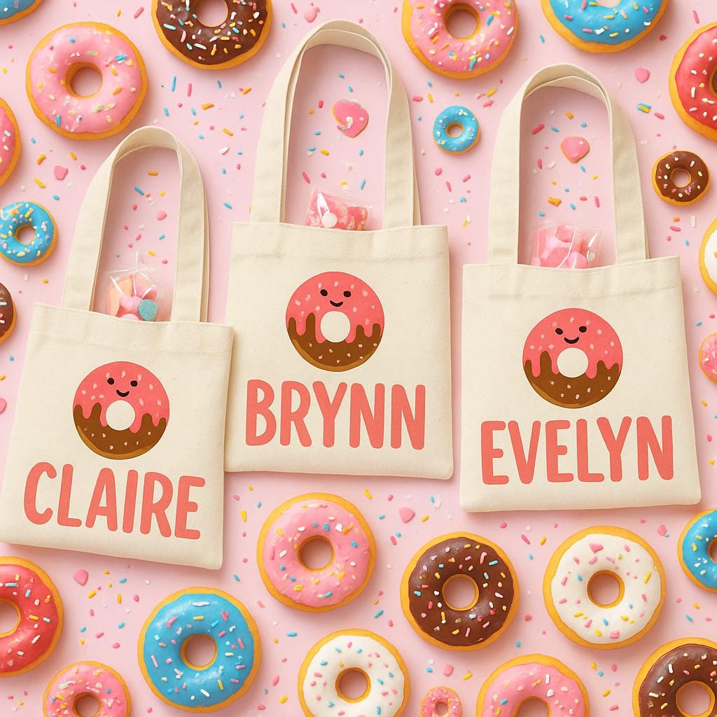Custom Donut Party Favor Bags - Perfect for Donut Themed Parties and Events! Set of Three Personalized Donut Treat Bags with Guest Names