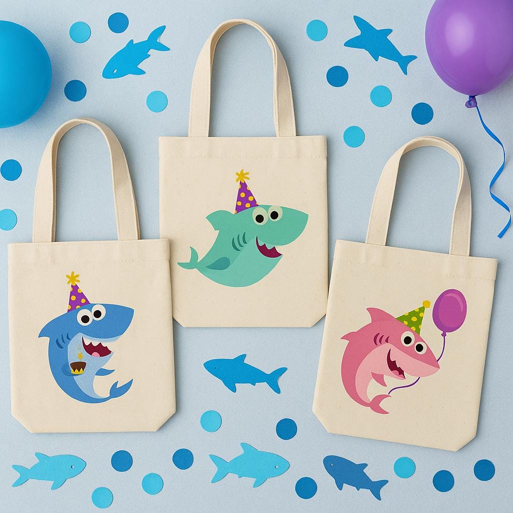 Shark Party Favor Bags - Set of 3, Colorful Shark Theme