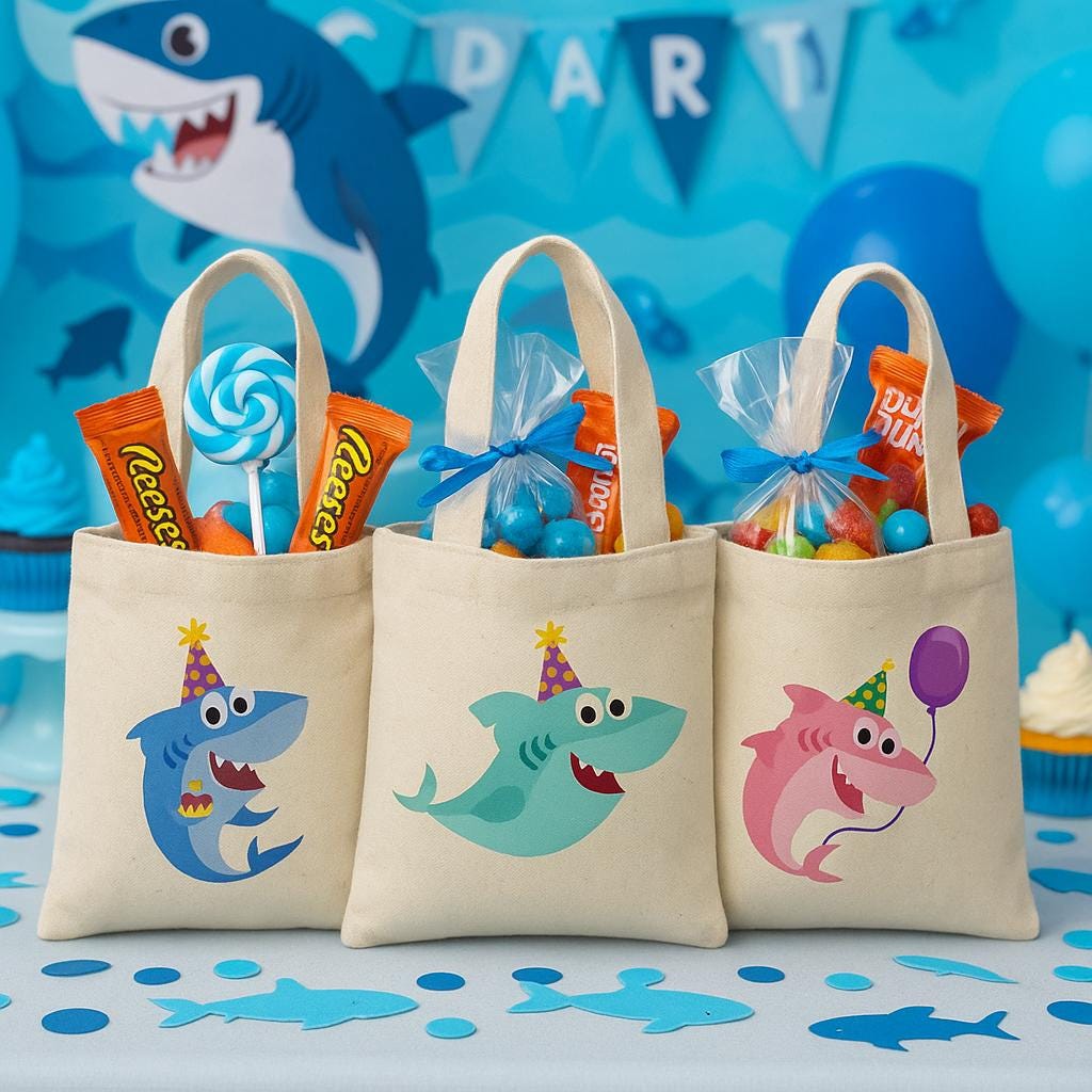 Shark Party Favor Bags - Set of 3, Colorful Shark Theme
