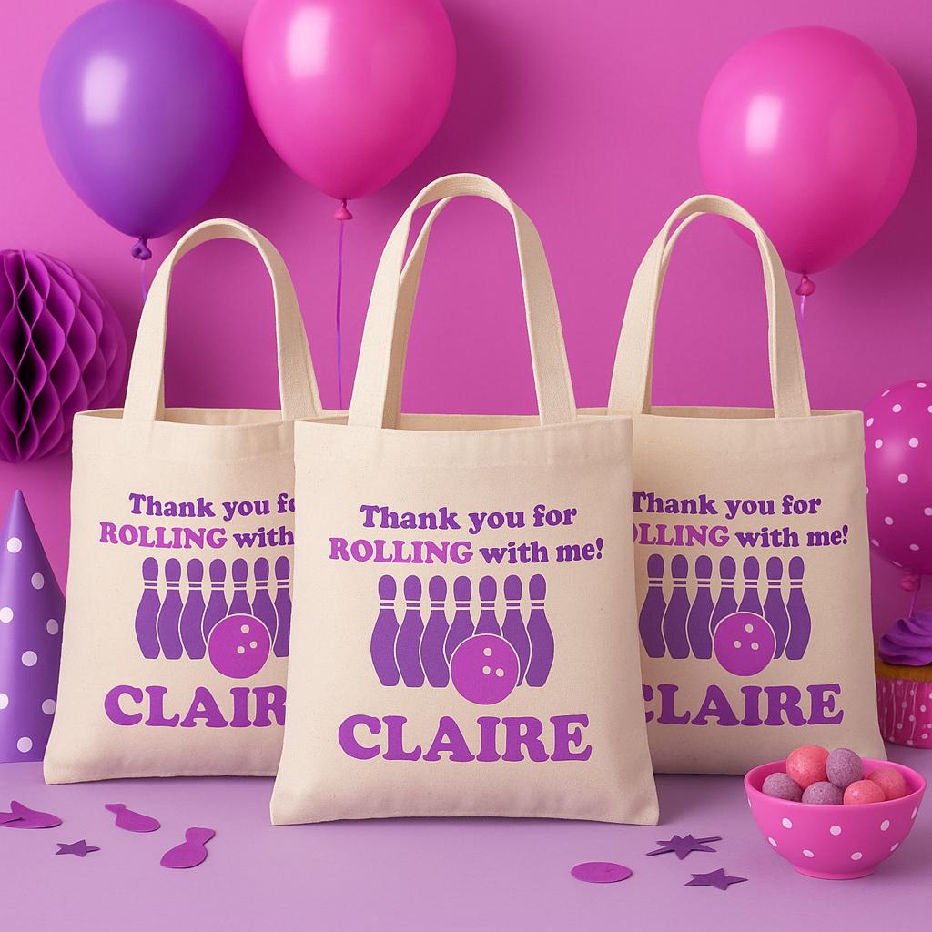 Personalized Bowling Party Favor Bag – Pink & Purple Cotton Tote