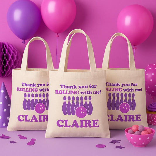 Personalized Bowling Party Favor Bag – Pink & Purple Cotton Tote