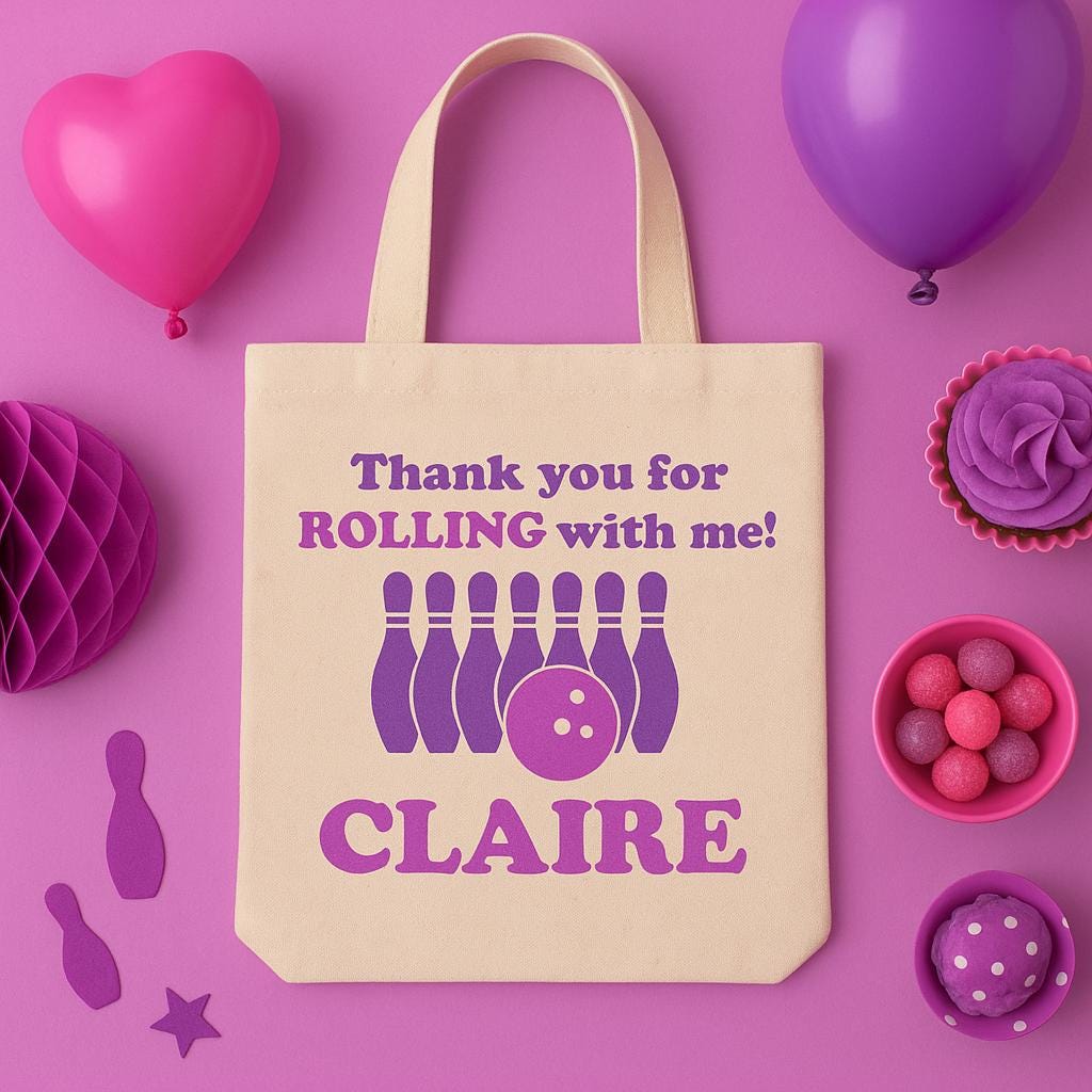 Personalized Bowling Party Favor Bag – Pink & Purple Cotton Tote