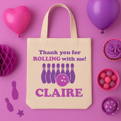 Personalized Bowling Party Favor Bag – Pink & Purple Cotton Tote