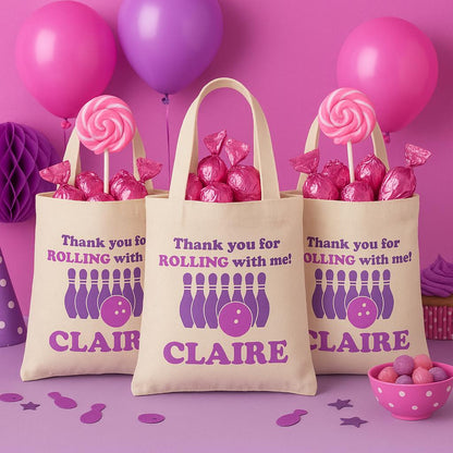 Personalized Bowling Party Favor Bag – Pink & Purple Cotton Tote