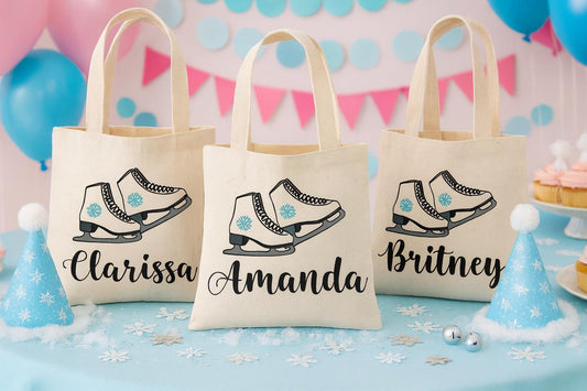 Ice Skate Party Favor Bags, Personalized Cotton Goodie Bags, Set of 3