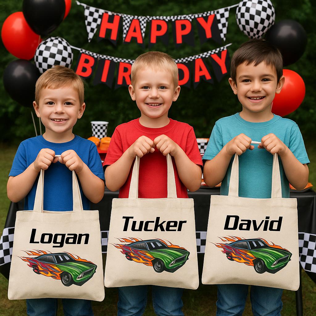 Personalized Race Car Party Favor Bags - Custom Name Canvas Tote