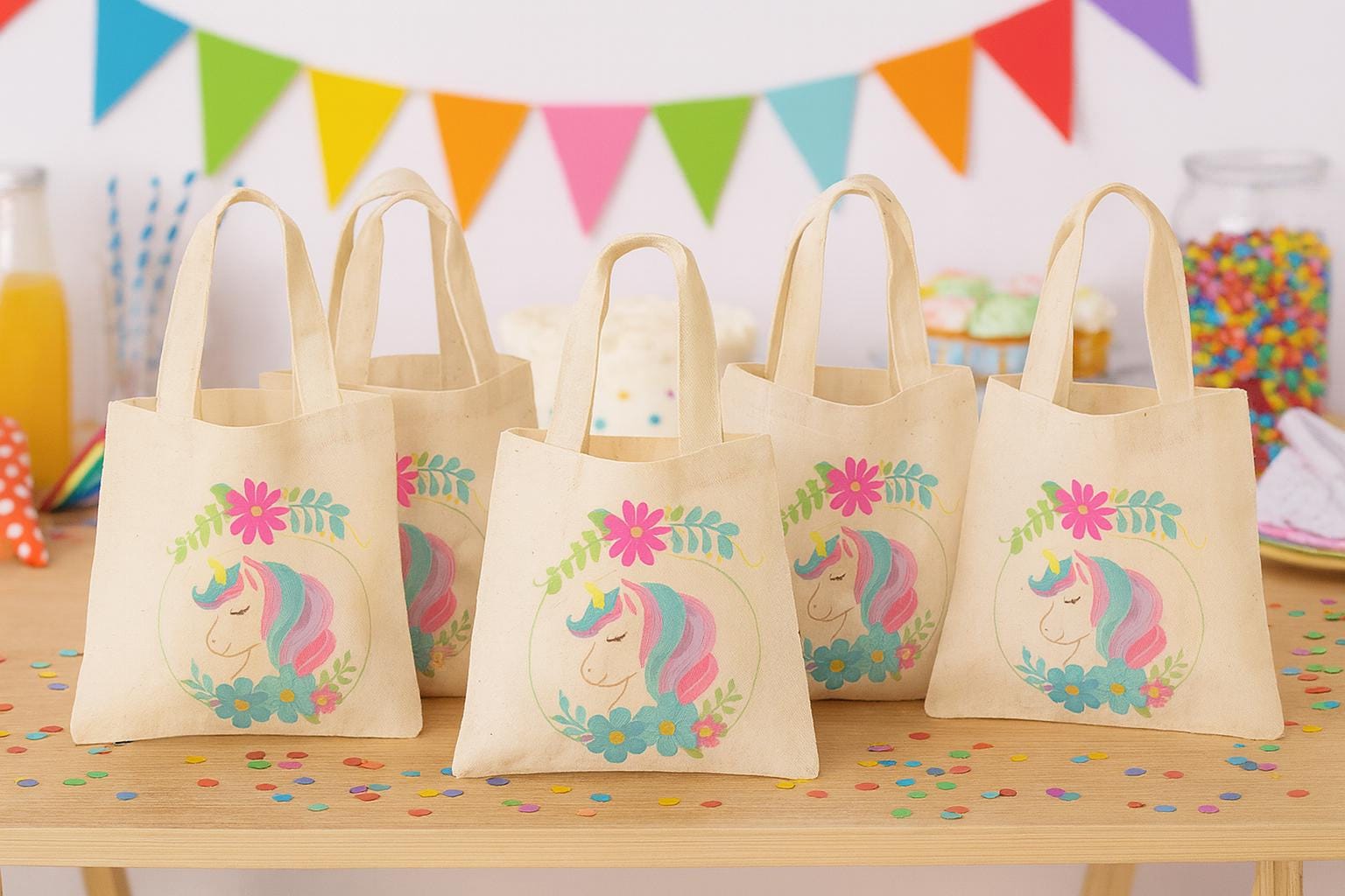 Unicorn Party Favor Bags – Set of 3 Reusable Canvas Goodie Bags