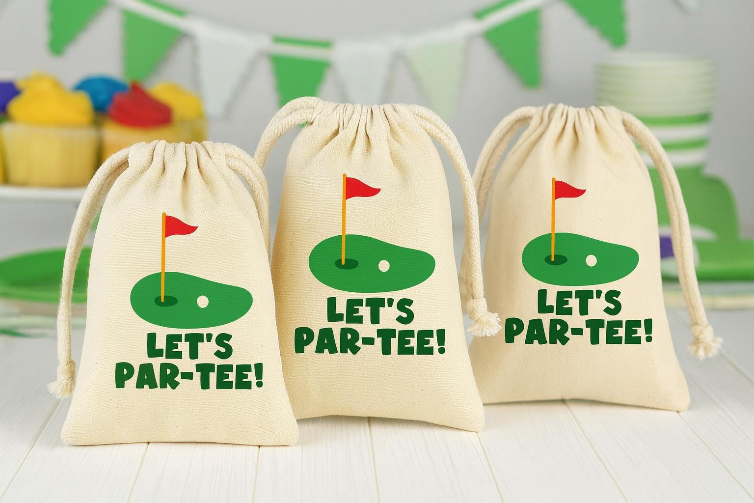 Golf Party Favor Bags - Perfect for Golf Themed Parties! - Let’s Par-Tee! - Thick Canvas with Sturdy Drawstring