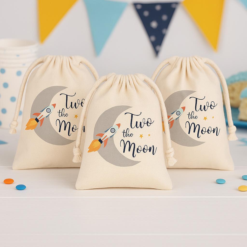 Two The Moon Party Favor Bags - Perfect for 2nd Birthdays! - Canvas Bags with Sturdy Drawstrings