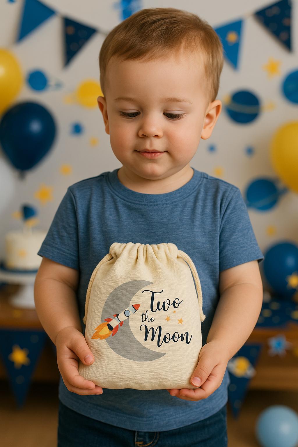 Two The Moon Party Favor Bags - Perfect for 2nd Birthdays! - Canvas Bags with Sturdy Drawstrings
