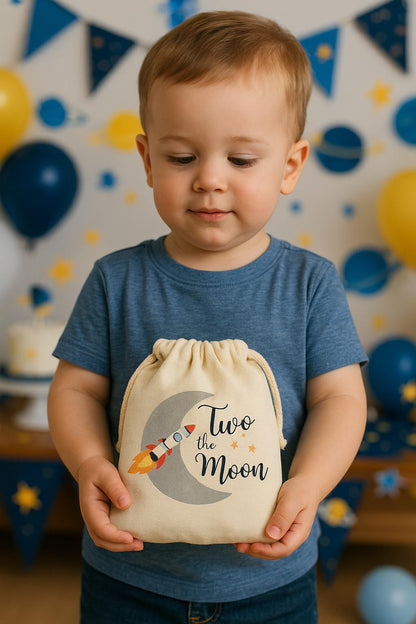 Two The Moon Party Favor Bags - Perfect for 2nd Birthdays! - Canvas Bags with Sturdy Drawstrings