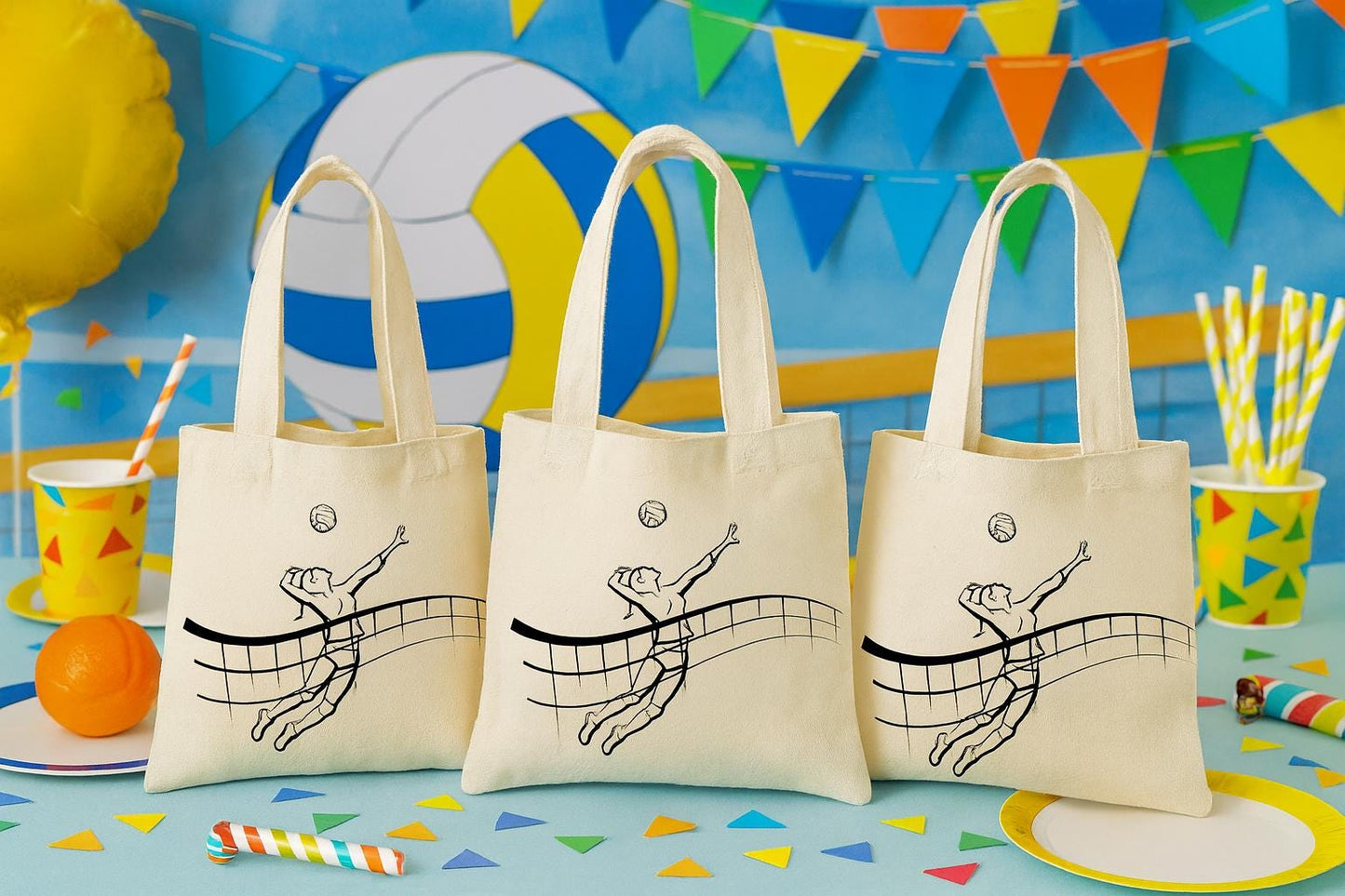 Volleyball Party Favor Bags, Set of 3, Cotton Treat Bags