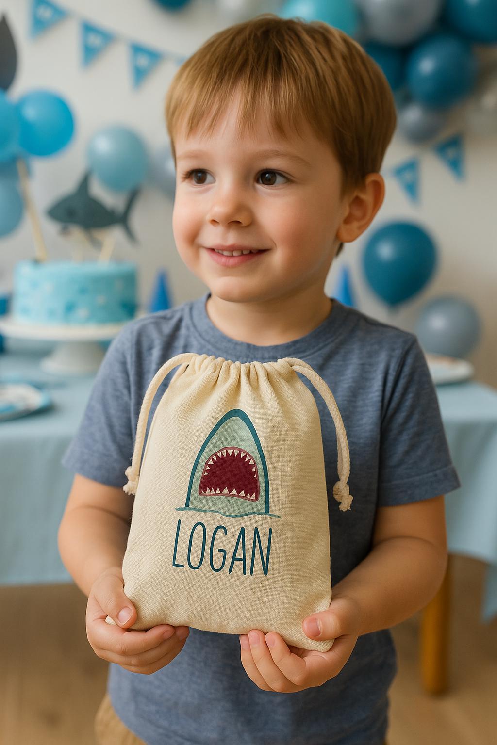 Personalized Shark Party Favor Bags - Set of 3 Cotton Goodie Bags