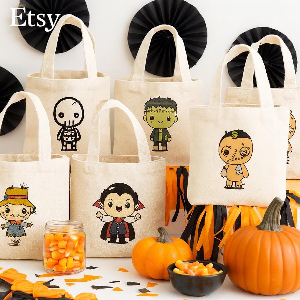 Halloween Party Favor Bags - Set of Six Reusable Cotton Canvas Goodie Bags