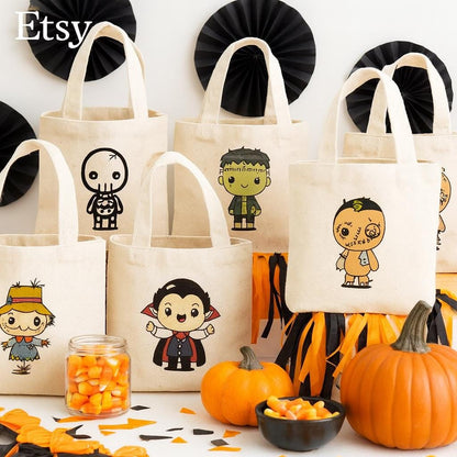 Halloween Party Favor Bags - Set of Six Reusable Cotton Canvas Goodie Bags